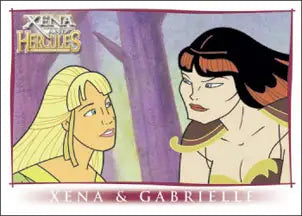 Cartoon illustration of two women facing each other on Xena & Hercules promo card