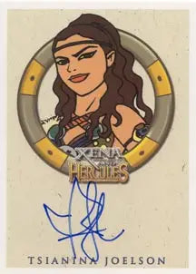 Stylized portrait of Tsianina Joelson in jewelry on Xena & Hercules autograph card