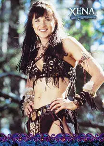 Woman in a leather warrior outfit smiles for Xena Season 6 trading cards promo card