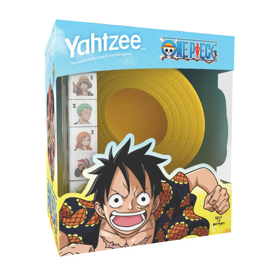 Yahtzee One Piece board game box featuring Straw Hat character artwork and anime design