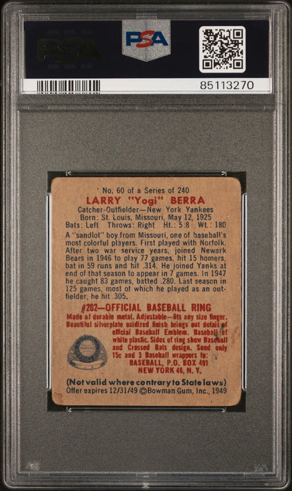 Back of Yogi Berra 1949 Bowman #60 trading card with biographical text and stats