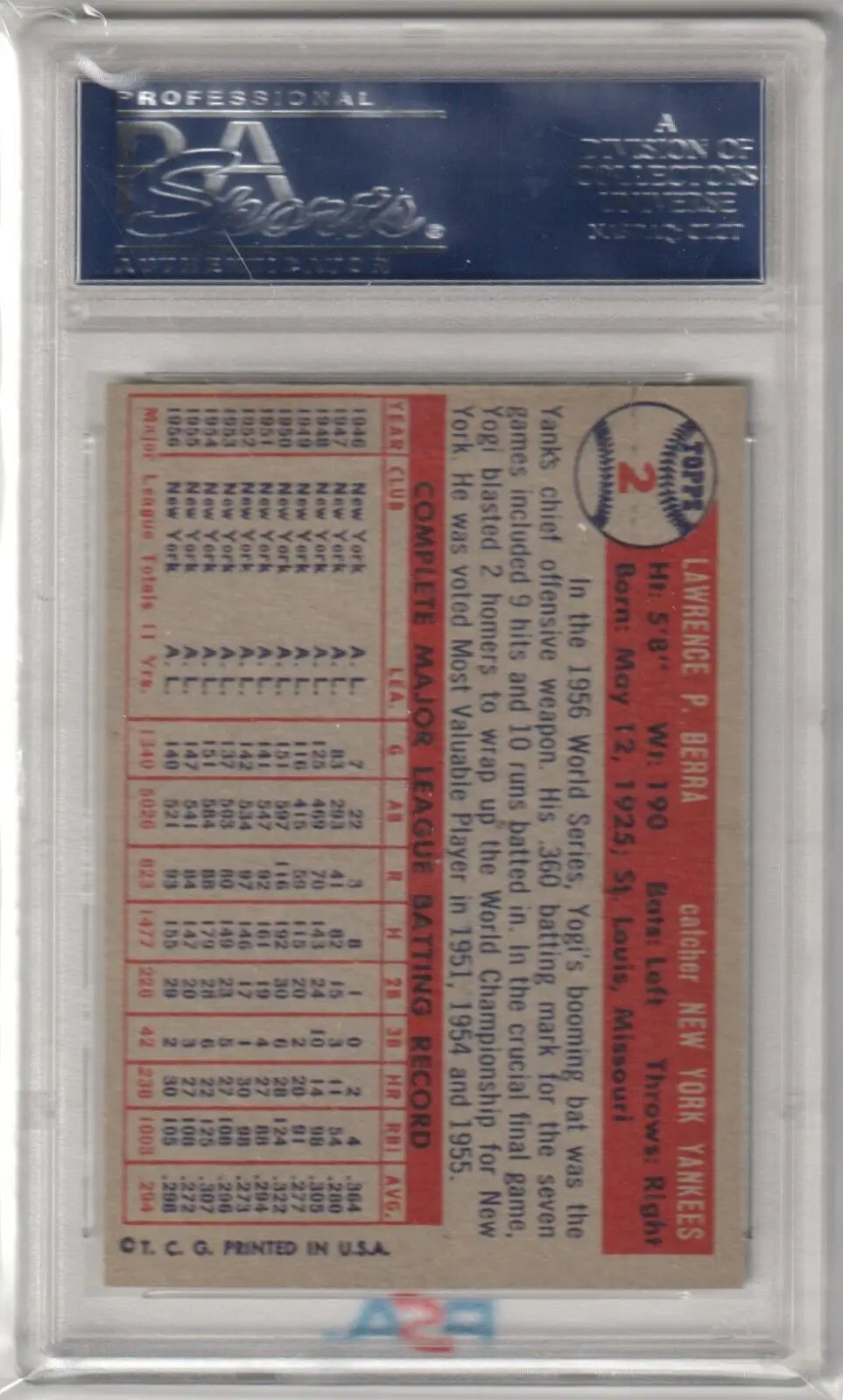 Yogi Berra 1957 Topps #2 PSA 5 EX baseball card in protective holder from Columbia Hobby