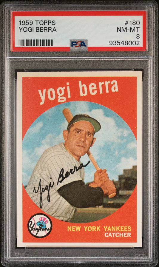 PSA-graded Yogi Berra 1959 Topps #180 baseball card with a blue sky background