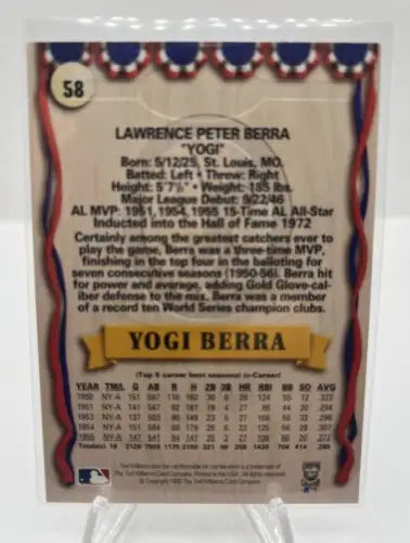 Yogi Berra baseball card back from 1993 Ted Williams New York Yankees #58 display