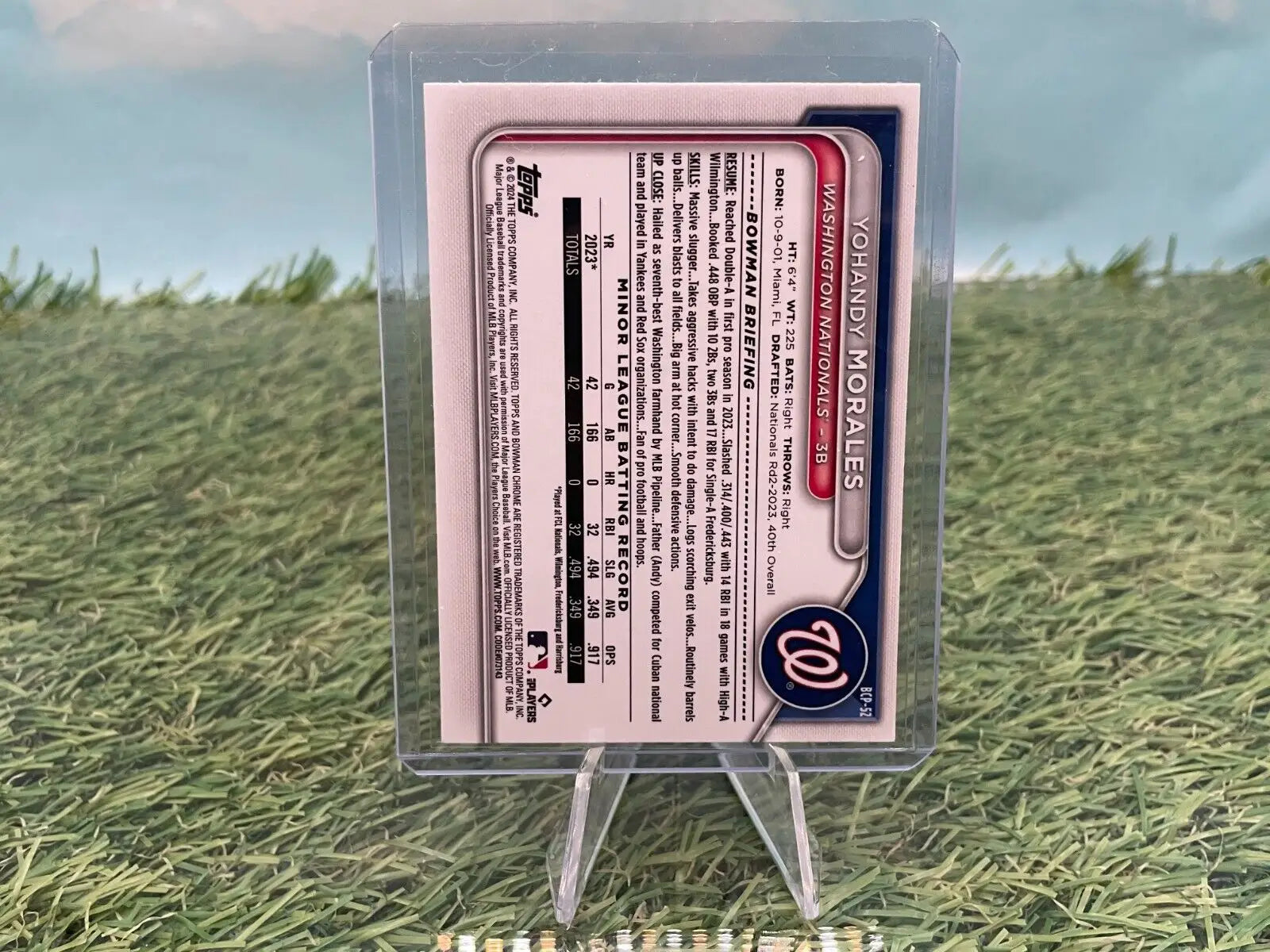 Yohandy Morales 2024 Bowman Chrome card in protective case for Washington Nationals fans