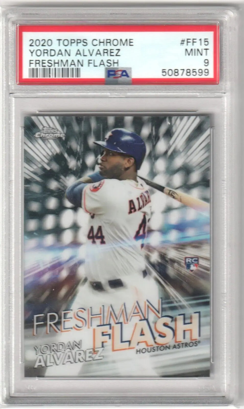 PSA-graded 2020 Topps Chrome Yordan Alvarez Freshman Flash baseball card for single cards