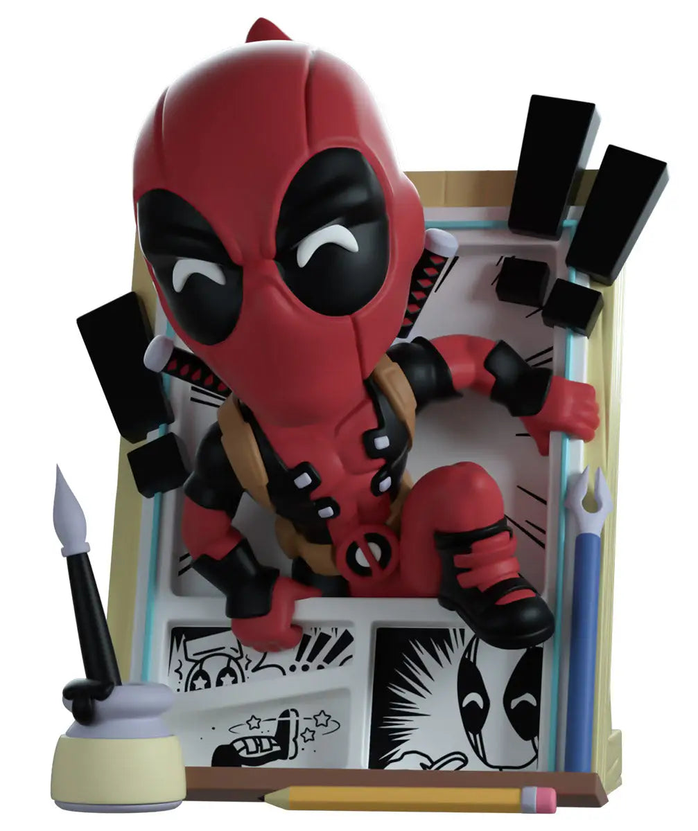 Deadpool figurine in action pose with comic art backdrop for YouTooz Marvel collectibles