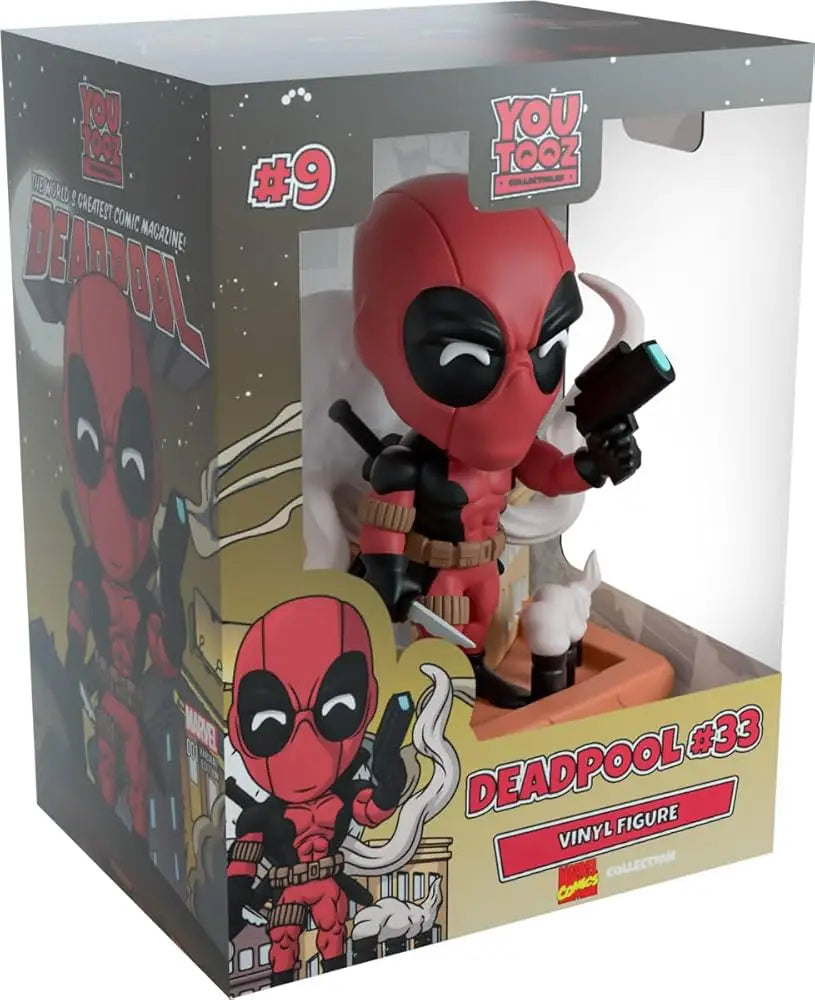 Deadpool collectible vinyl figure in display box for YouTooz Marvel merch, ideal for trading cards fans