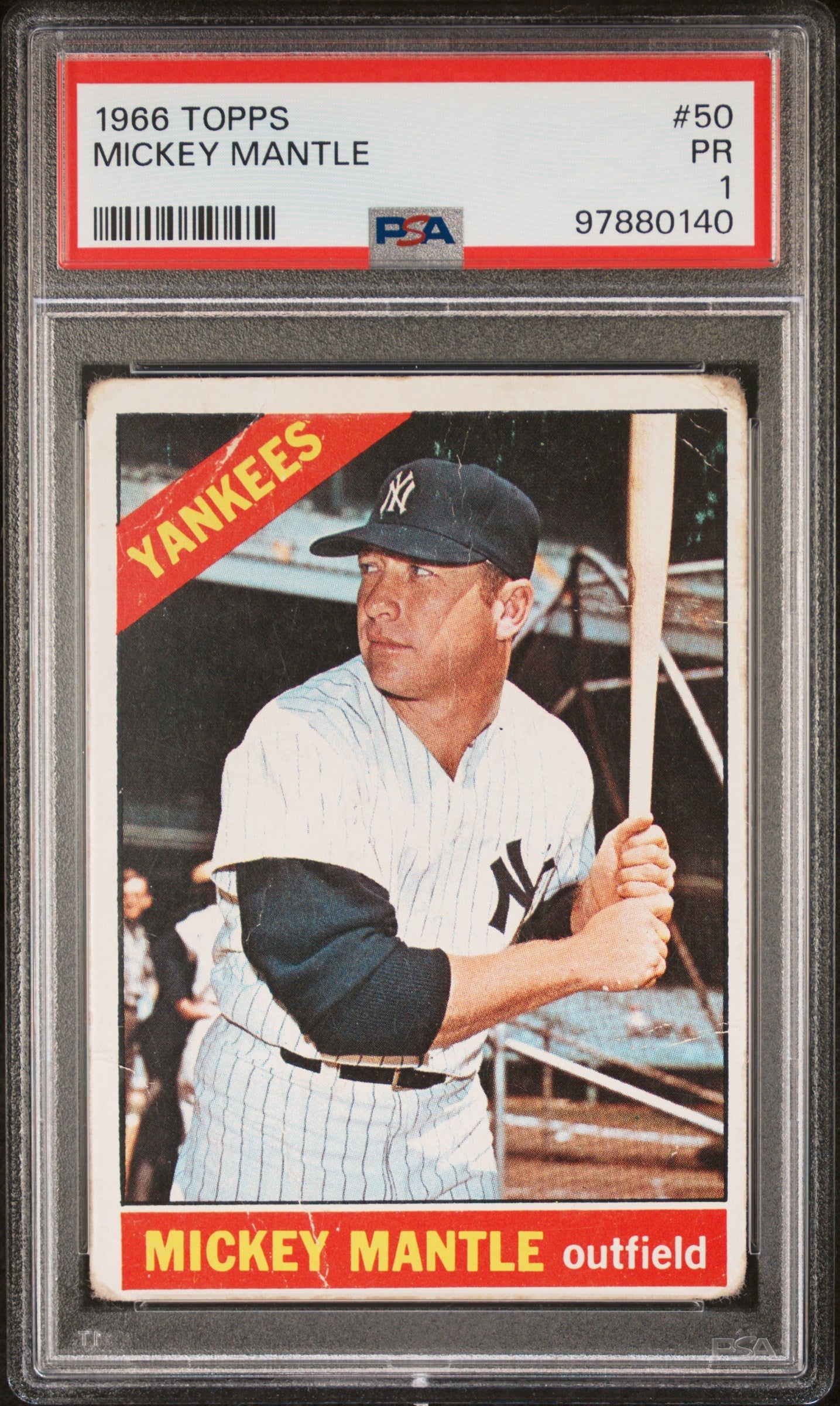 PSA-graded 1966 Topps Mickey Mantle baseball card featuring Yankees outfielder in pinstripes