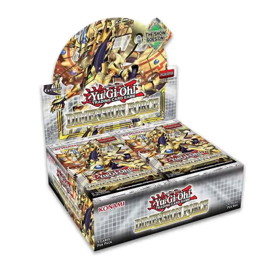 Display box of Yu-Gi-Oh! Lightning Overdrive booster packs for Dimension Force cards ready