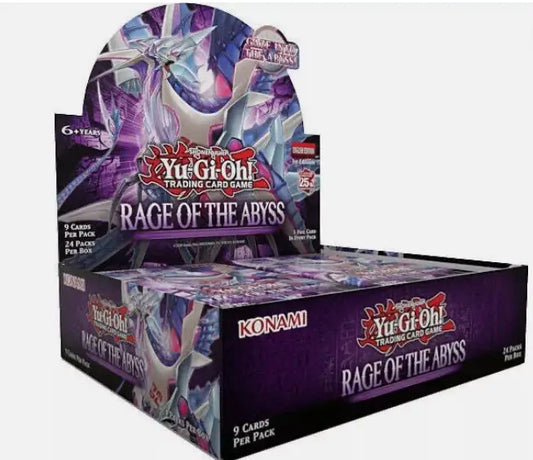 Yu-Gi-Oh! Rage of the Abyss booster box with dragon artwork and trading cards display