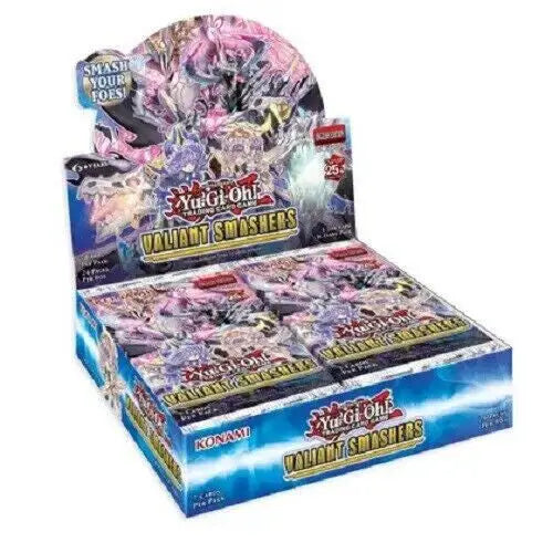 Display box of Yu-Gi-Oh trading cards booster packs titled Valiant Smashers