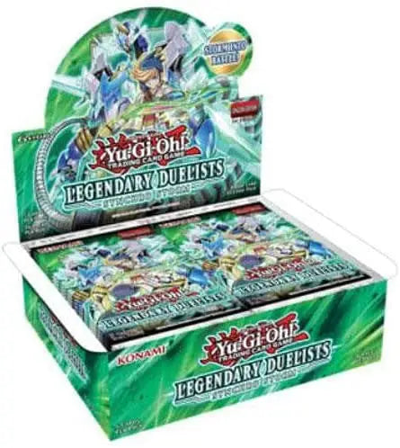 Display box of Yu-Gi-Oh Legendary Duelists Synchro Storm booster packs featuring wind synchro monster