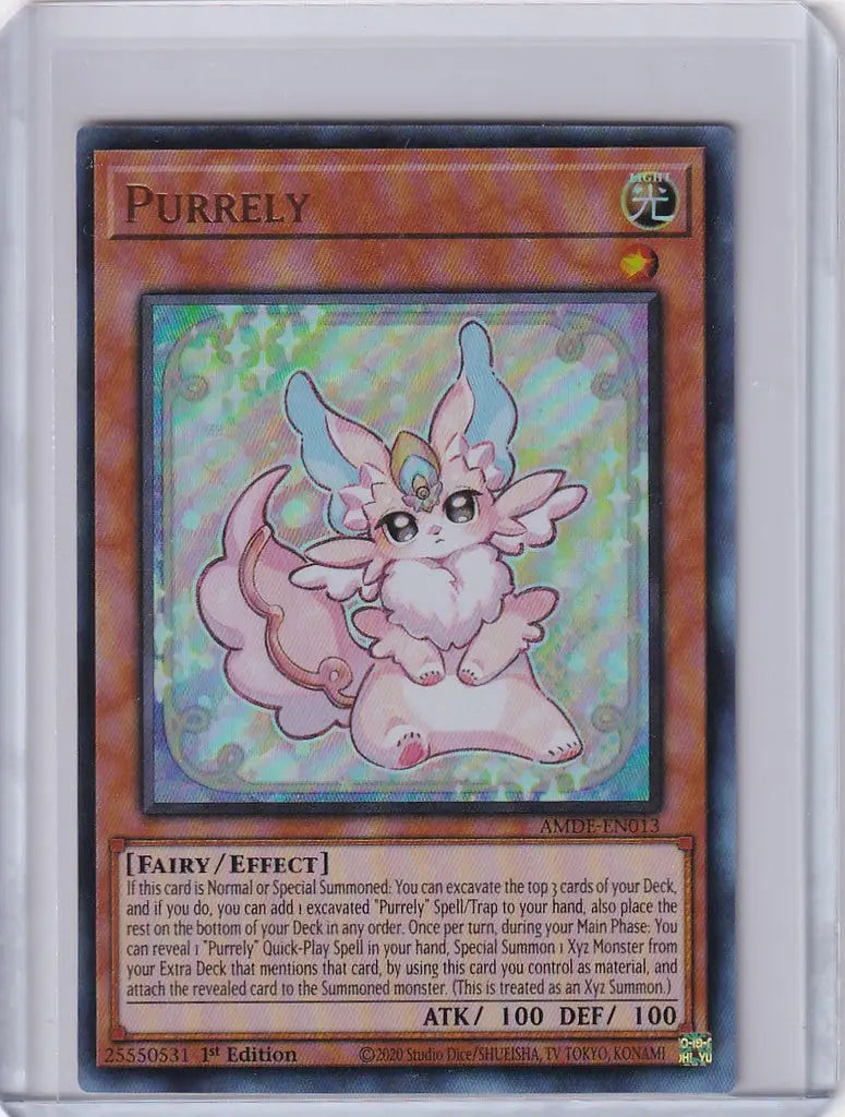 Holographic card of Purrery in YuGiOh Amazing Defenders Purrely Ultra Rare edition