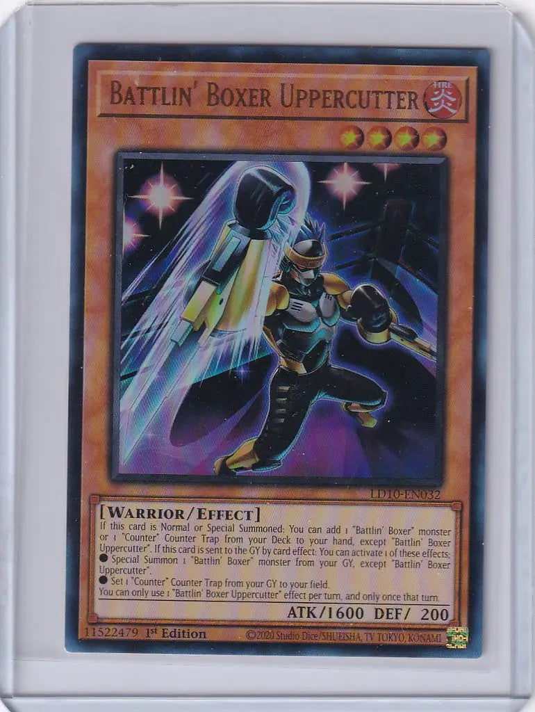 Yu-Gi-Oh Legendary Duelists card featuring Battlin’ Boxer Uppercutter with energy effects