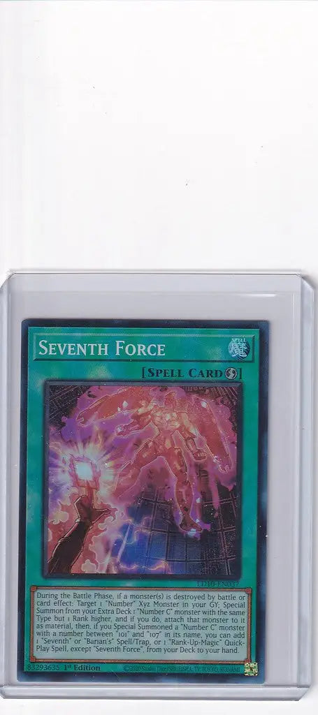 Seventh Force Yu-Gi-Oh trading card in protective sleeve from YuGiOh Legendary Duelists Soulburning Volcano