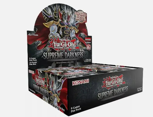 Yu-Gi-Oh Supreme Darkness Booster Box display featuring Evil Hero and Synchro Summoning packs