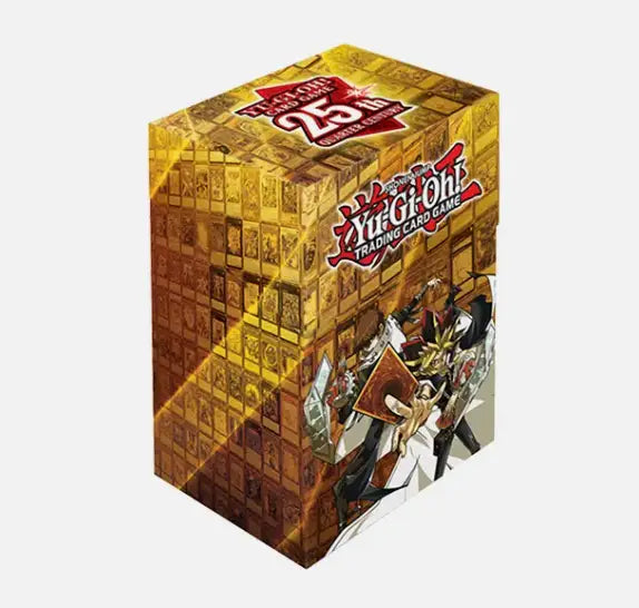 Yu-Gi-Oh! 25th Anniversary collectible box with characters on a gold quarter century card case