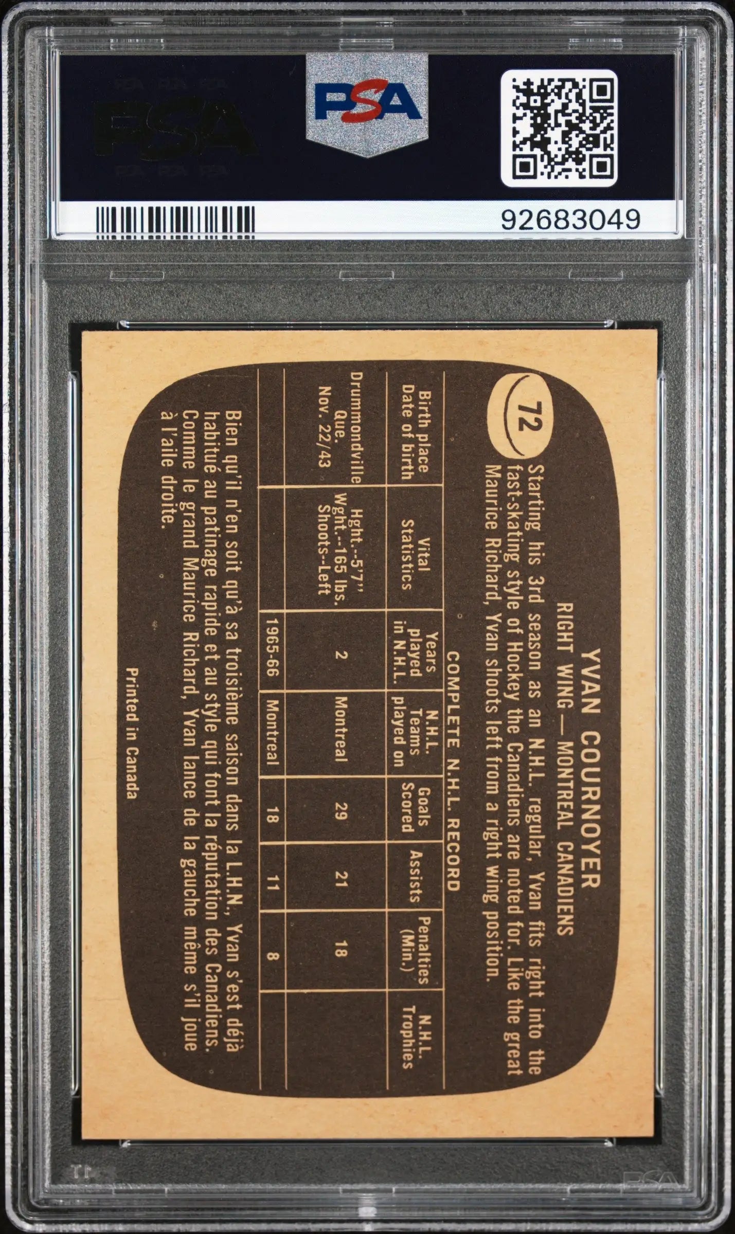 Back of Yvan Cournoyer 1966 Topps baseball card in PSA graded holder with stats