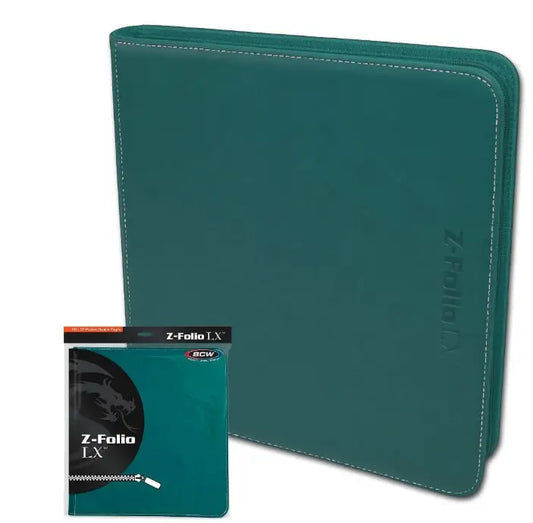 Green zippered portfolio binder with teal packaging and archival safe polypropylene pages