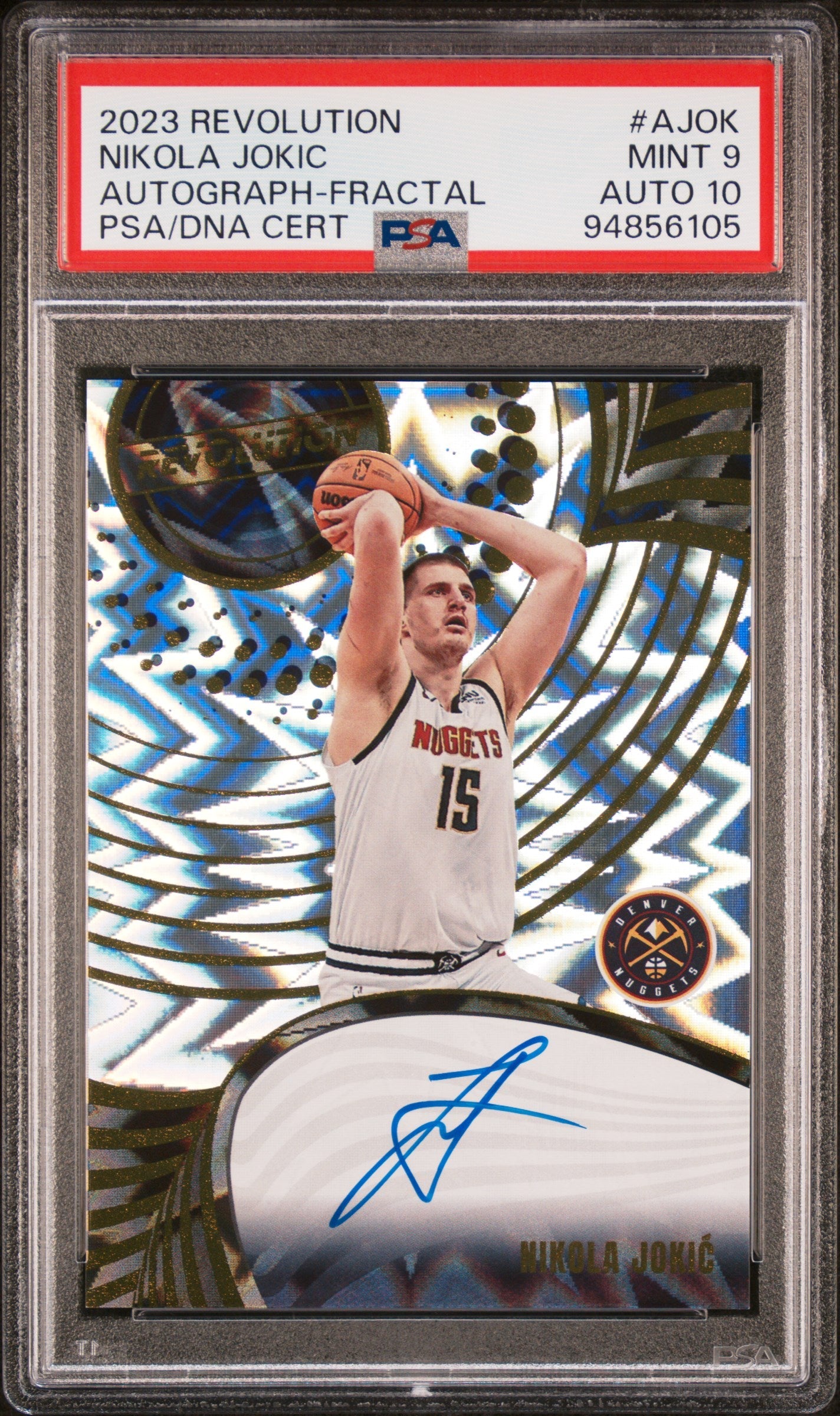 PSA-graded Nikola Jokic Panini Revolution Fractal Auto with silver and black design