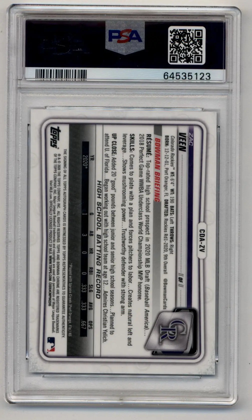 Zac Veen 2020 Bowman Chrome Draft Prospects Blue Refractor Auto PSA 9 in case with barcode