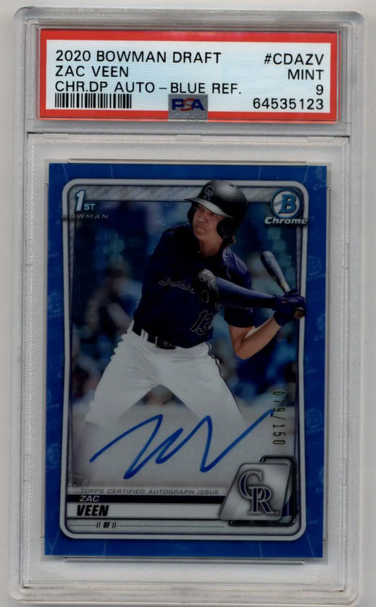 PSA-graded Zac Veen 2020 Bowman Chrome Draft Blue Refractor Auto in protective case