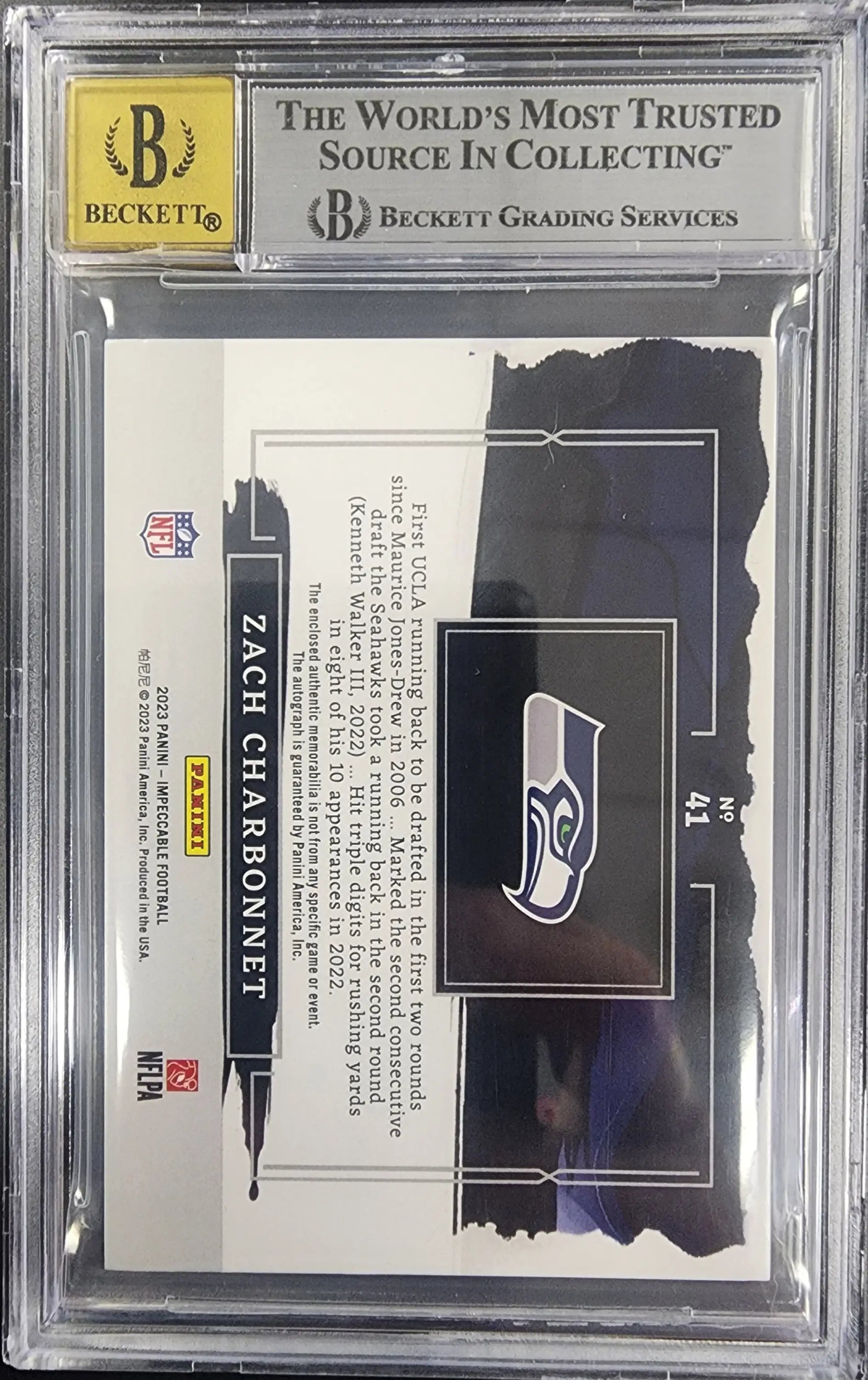 BGS-graded Zach Charbonnet 2023 Panini Impeccable Helmet Football Auto in protective case