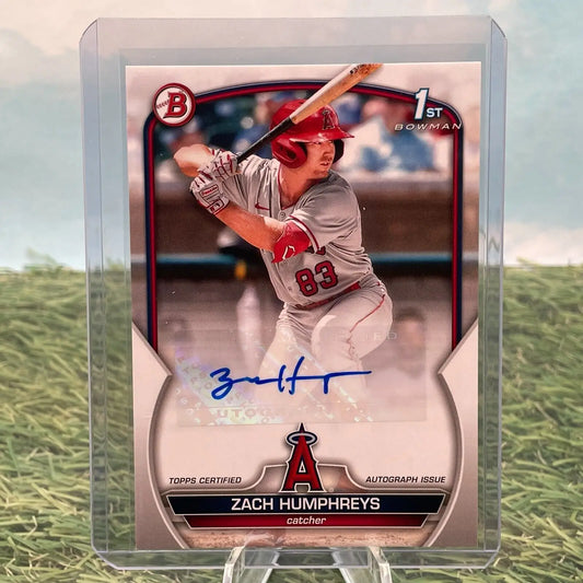 Signed Zach Humphreys 2023 Bowman card showcasing Los Angeles Angels player in batting stance