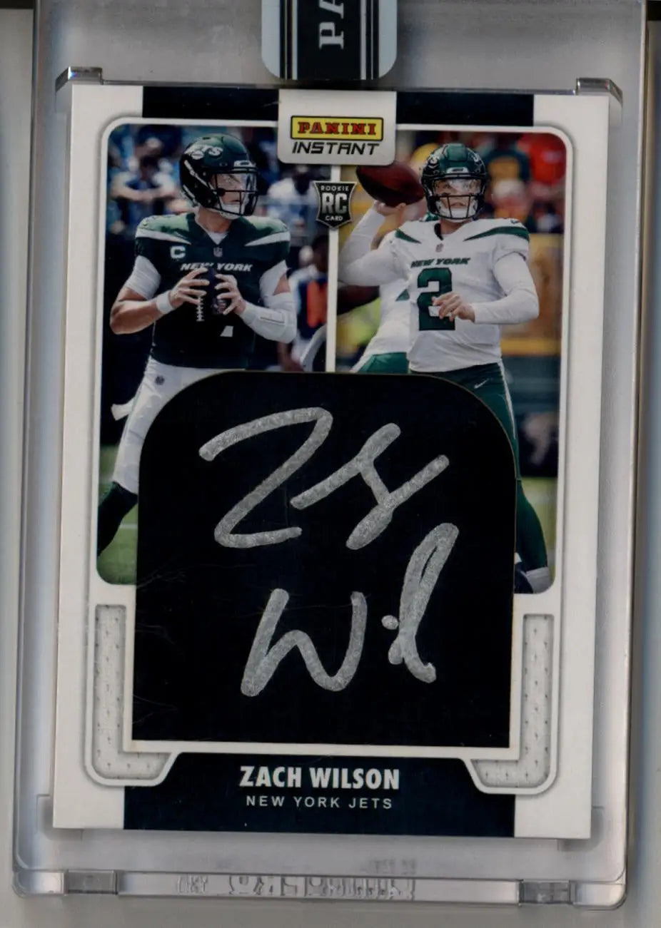 Signed Zach Wilson football trading card featuring Panini Instant action photos and autograph