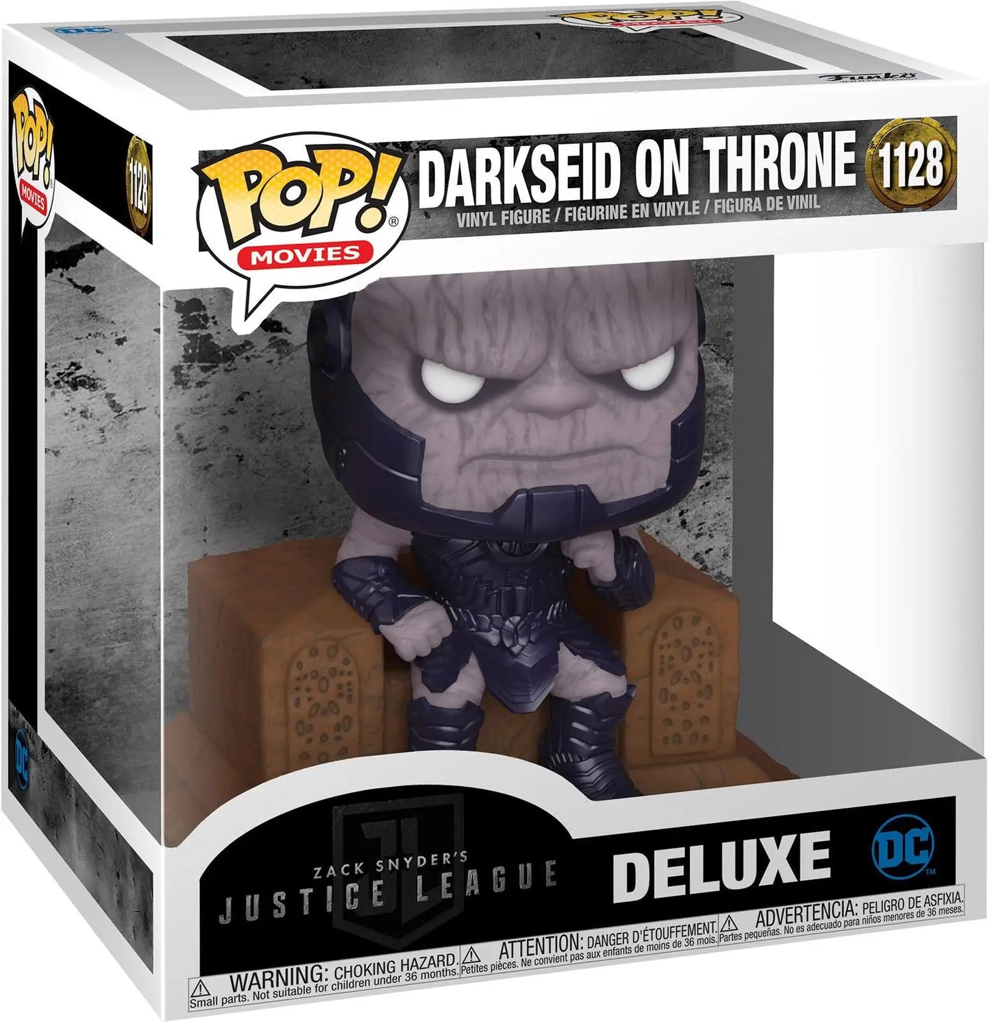 Darkseid seated on throne in dark armor from Zack Snyder’s Justice League Deluxe Funko Pop