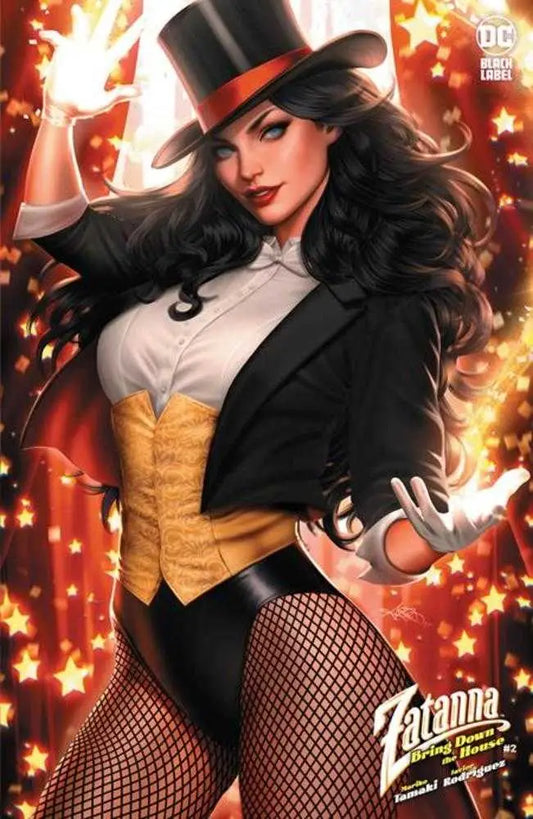 A magician in a top hat and tuxedo dazzles with sparkles on Zatanna Bring Down The House #2 cover