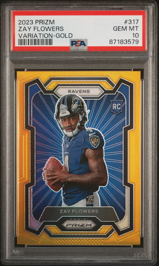 PSA-graded Zay Flowers 2023 Prizm #317 Variation Gold Prizm in blue Ravens uniform