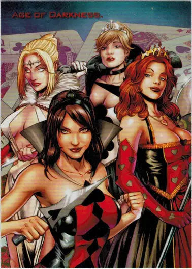 Comic book-style illustration of four women in fantasy attire on a Zenescope promo card