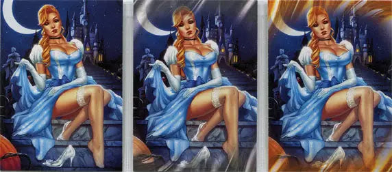 Woman in a blue dress on steps with castle and moon, inspired by Grimm Fairy Tales