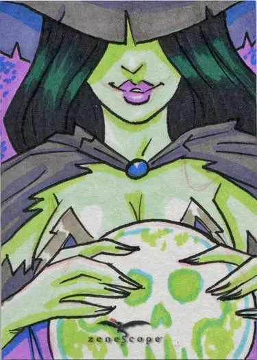 Stylized green-skinned figure with skull on Zenescope Legacy 2019 sketch card by Andrew Fielder