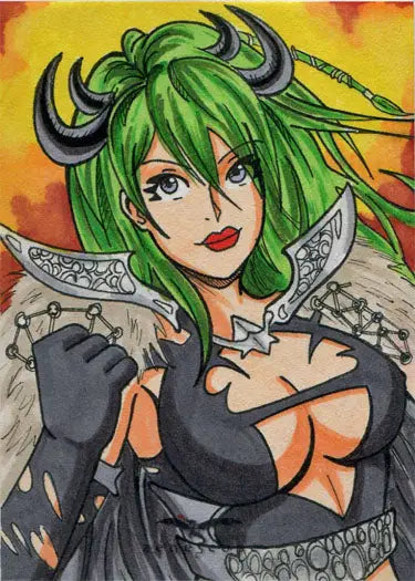 Anime-style character with green hair and horns on Zenescope trading card by Andy Bohn