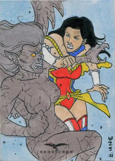 Comic book-style illustration of a superhero woman by Eric Van Elslande on a sketch card