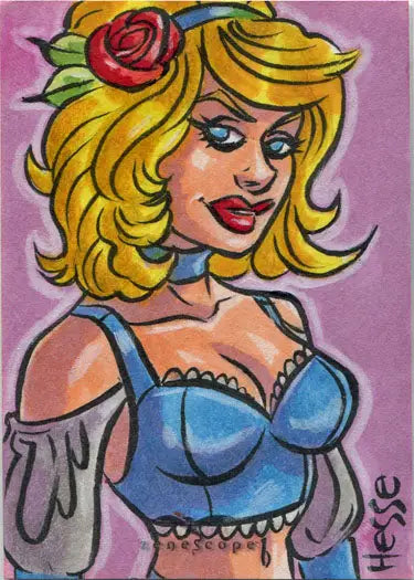 Colorful cartoon-style portrait of a blonde woman with rose in Zenescope Trading Card by Erica Hesse