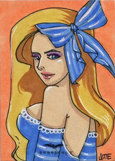 Portrait of a woman with blonde hair in blue attire from Jme Foronda’s sketch card