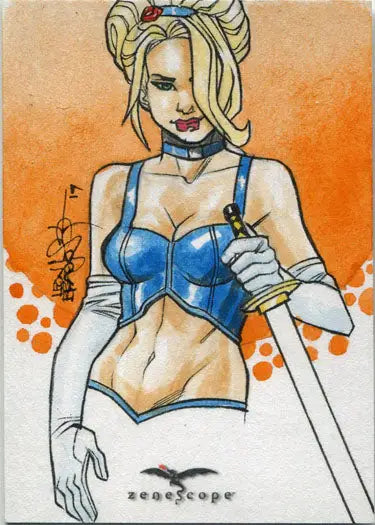 Stylized blonde woman in blue lingerie with a sword on Leon Braojos sketch card