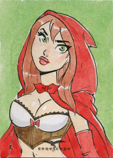 Illustration of a woman with red hair in a red hood on a Danielle Gransaull sketch card