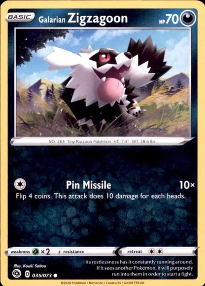 Galarian Zigzagoon Pokemon card from Champions Path 035/073 Common NM TCG 2020