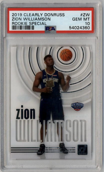 PSA-graded 2019 Clearly Donruss Rookie Special card of Zion Williamson in case