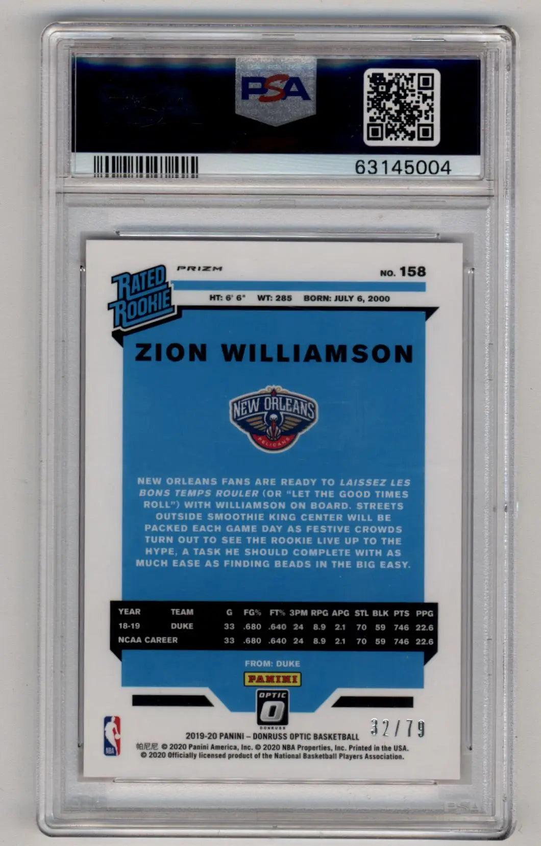 PSA-graded Zion Williamson 2019-20 Optic Pink Velocity card in protective case