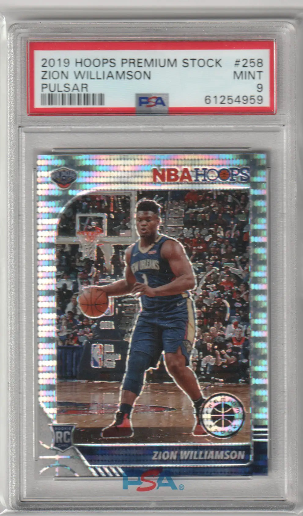 PSA-graded 2019 Panini Hoops Premium Stock Zion Williamson rookie card in case