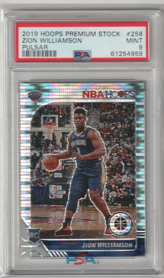 PSA-graded 2019 Panini Hoops Premium Stock Zion Williamson rookie card in case