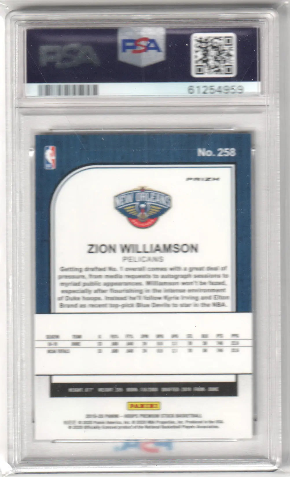 Back of Zion Williamson 2019-20 Panini Hoops Premium Stock rookie card with stats