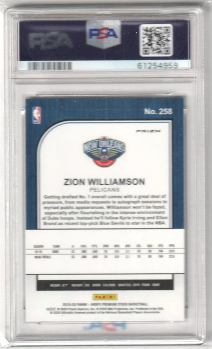 Back of Zion Williamson 2019-20 Panini Hoops Premium Stock rookie card with stats