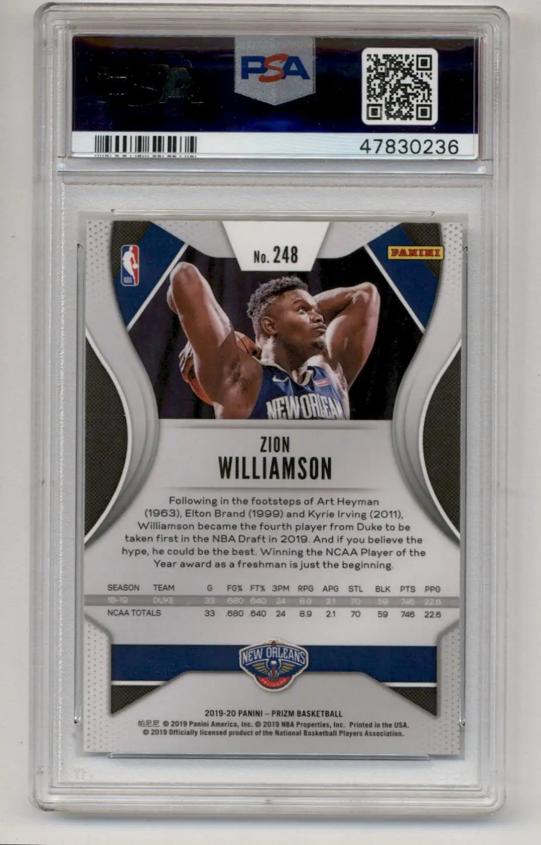 PSA-graded Zion Williamson 2019-20 Prizm Rookie #248 Gem Mint trading card in case